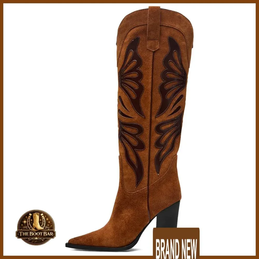 Pointed Toe Cowboy Boots Chunky Heel Knee High Wide Calf Western Elegant - Picture 1 of 7
